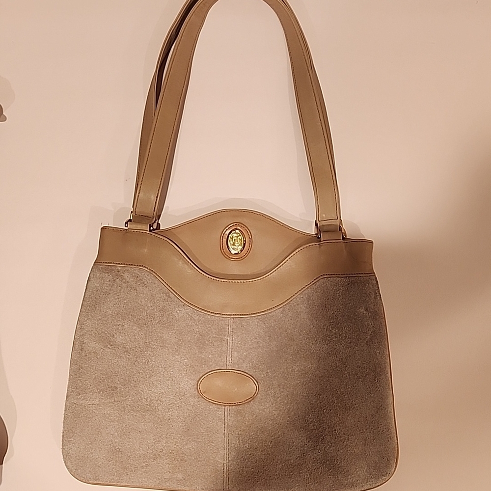 Cream Shoulder Bag with Rounded Shape and Tan Leather Trim